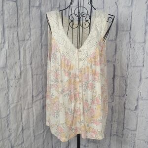 Lucky Brand Floral Tank Top Crochet Lace Boho Sleeveless Blouse Large